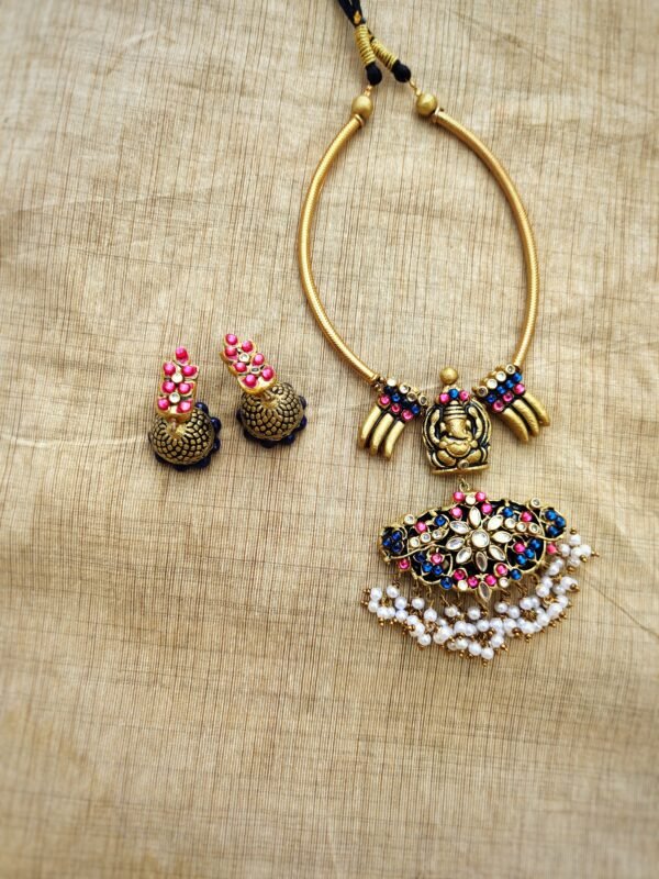 GANESH- Terracotta Short Necklace with Medium size jhumka ( Golden with Blue and Pink)