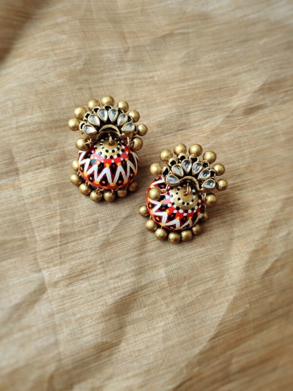 Nakshathra -Terracotta- Big Size Jhumka ( Golden with Black, Red and White)