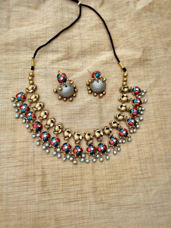 PEACOCK- Terracotta Short Necklace with Big size jhumka ( Golden with Blue, Silver  and Red)