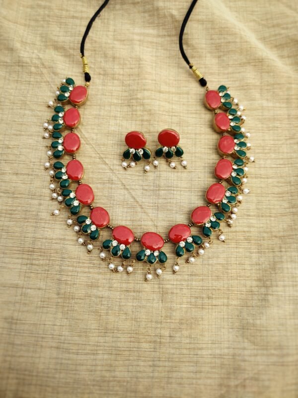 SUVARNA- Terracotta Short Necklace with Medium size Earrings ( Golden with Green and Red)