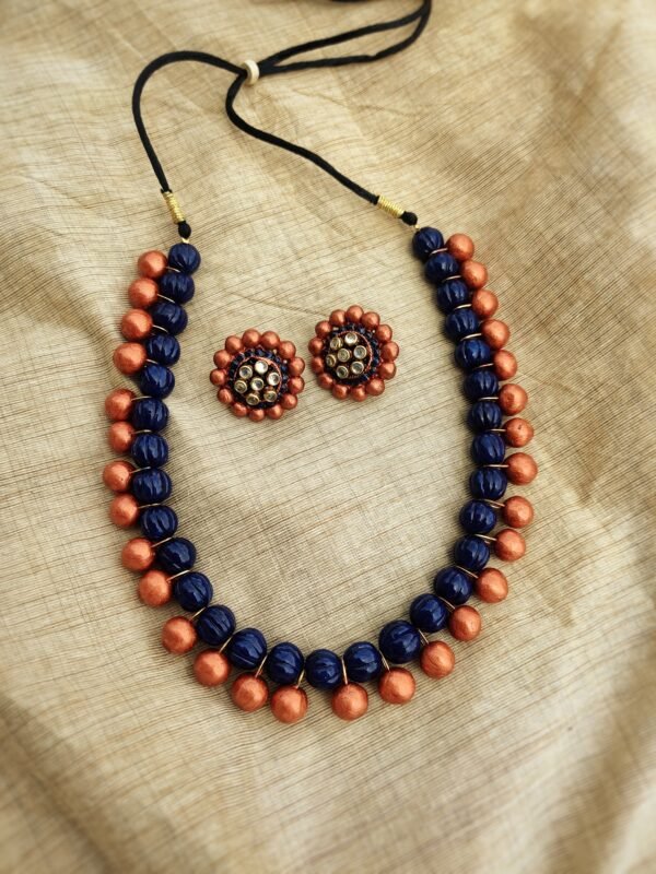 MANJULA- Terracotta Short Necklace with Big size Earrings ( Copper with Blue )