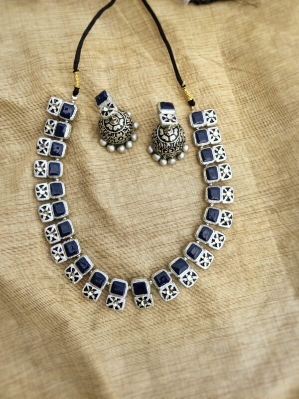 ARYA- Terracotta Medium Necklace with Medium size jhumka (  Silver with Blue)