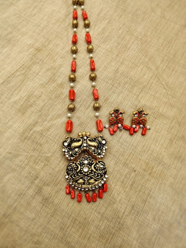 VANI- Terracotta Long Necklace with Medium size Earrings ( Golden with Orange )
