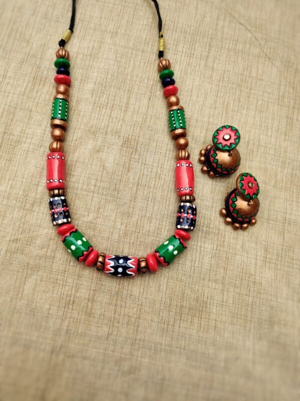 ARYA- Terracotta Long Necklace with Medium size jhumka ( Golden with Multi color)