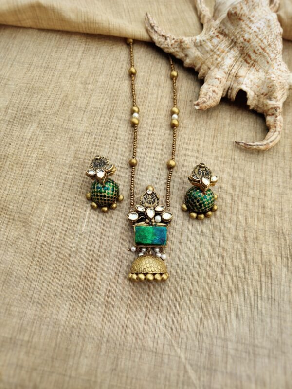 MATHANGI- Terracotta Long Necklace with Medium size jhumka ( Golden with Green )