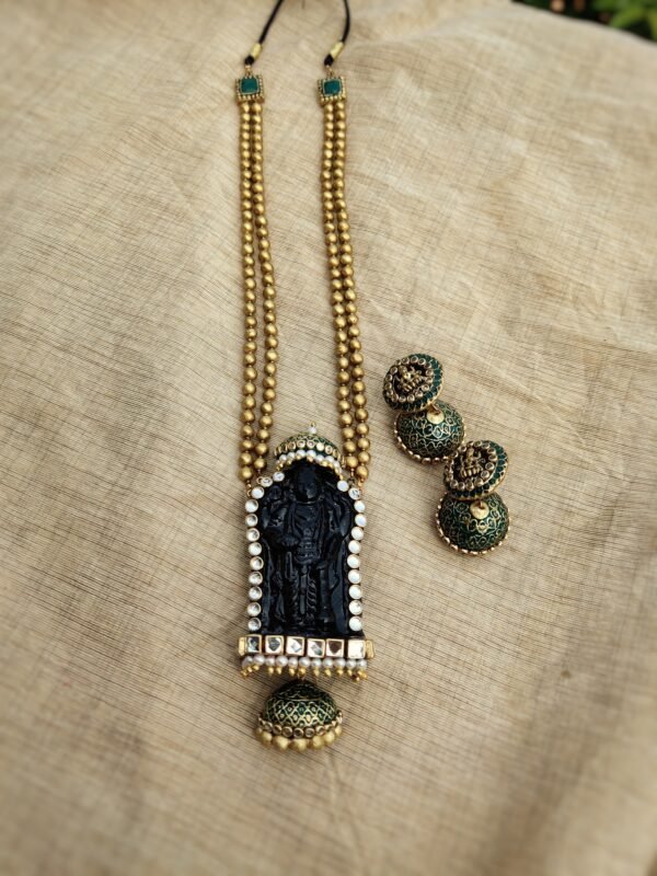 GURUVAYOORAPPA- Terracotta Long Necklace with Big size jhumka ( Golden with Green and Black )