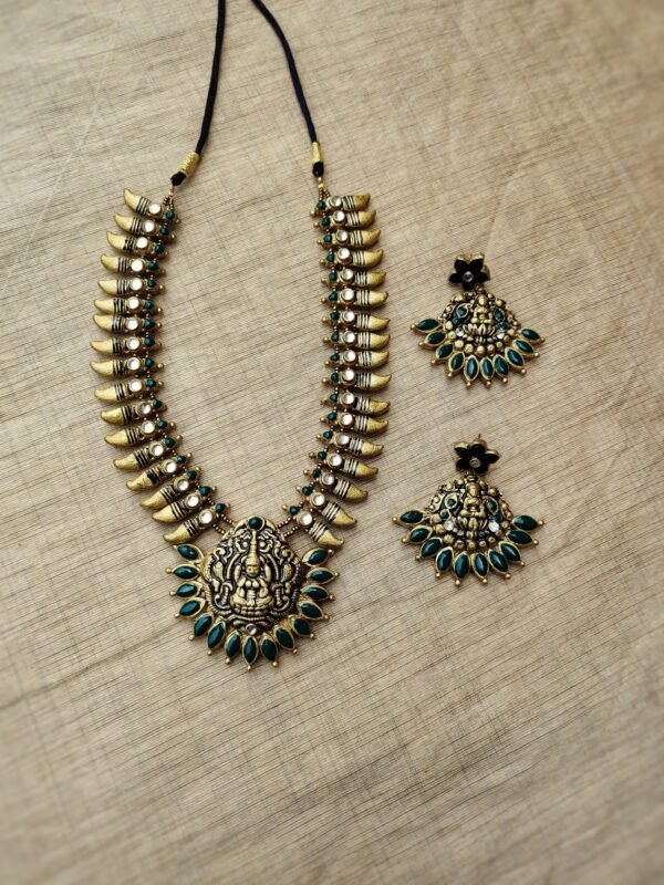 DEVI- Terracotta Medium Necklace with Big size Earrings ( Golden with Green )
