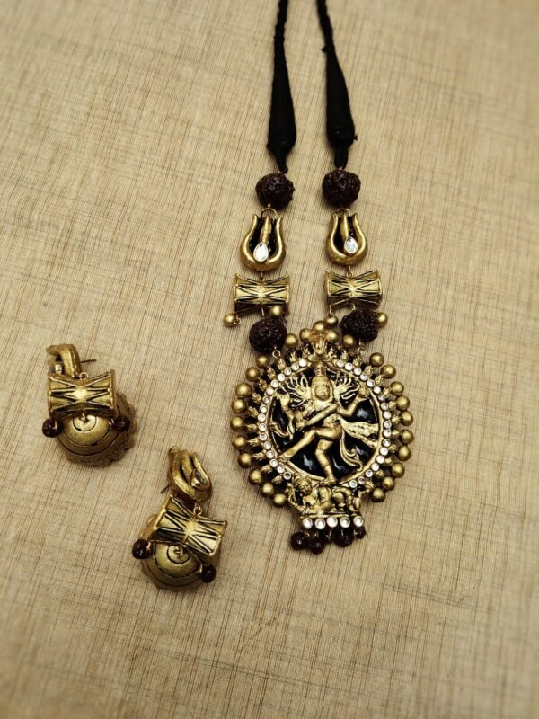 NADARAJA- Terracotta Long Necklace with Big size jhumka ( Golden with Silver Brown )