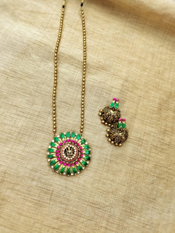 POOKALAM- Terracotta Long Necklace with Big size jhumka ( Golden with Green and Pink)
