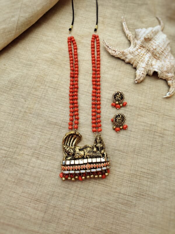 ANANTHASAYANAM- Terracotta Long Necklace with Medium size Earrings ( Golden with Red )