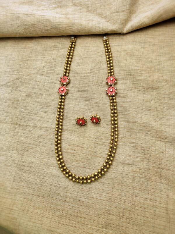 MILI- Terracotta Long Necklace with Medium size Earrings ( Golden with Pink )