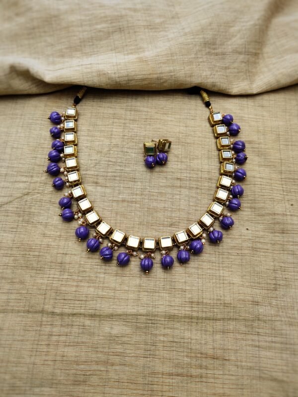 MILI- Terracotta Short Necklace with Small size Earrings ( Golden with Purple)