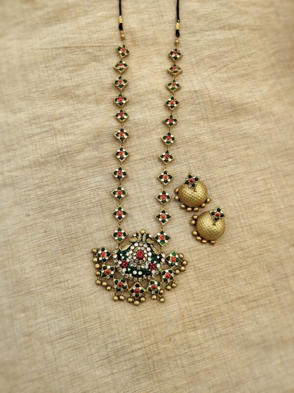 ANUPAMA - Terracotta Long Necklace with Big size jhumka ( Golden with Red and Green)