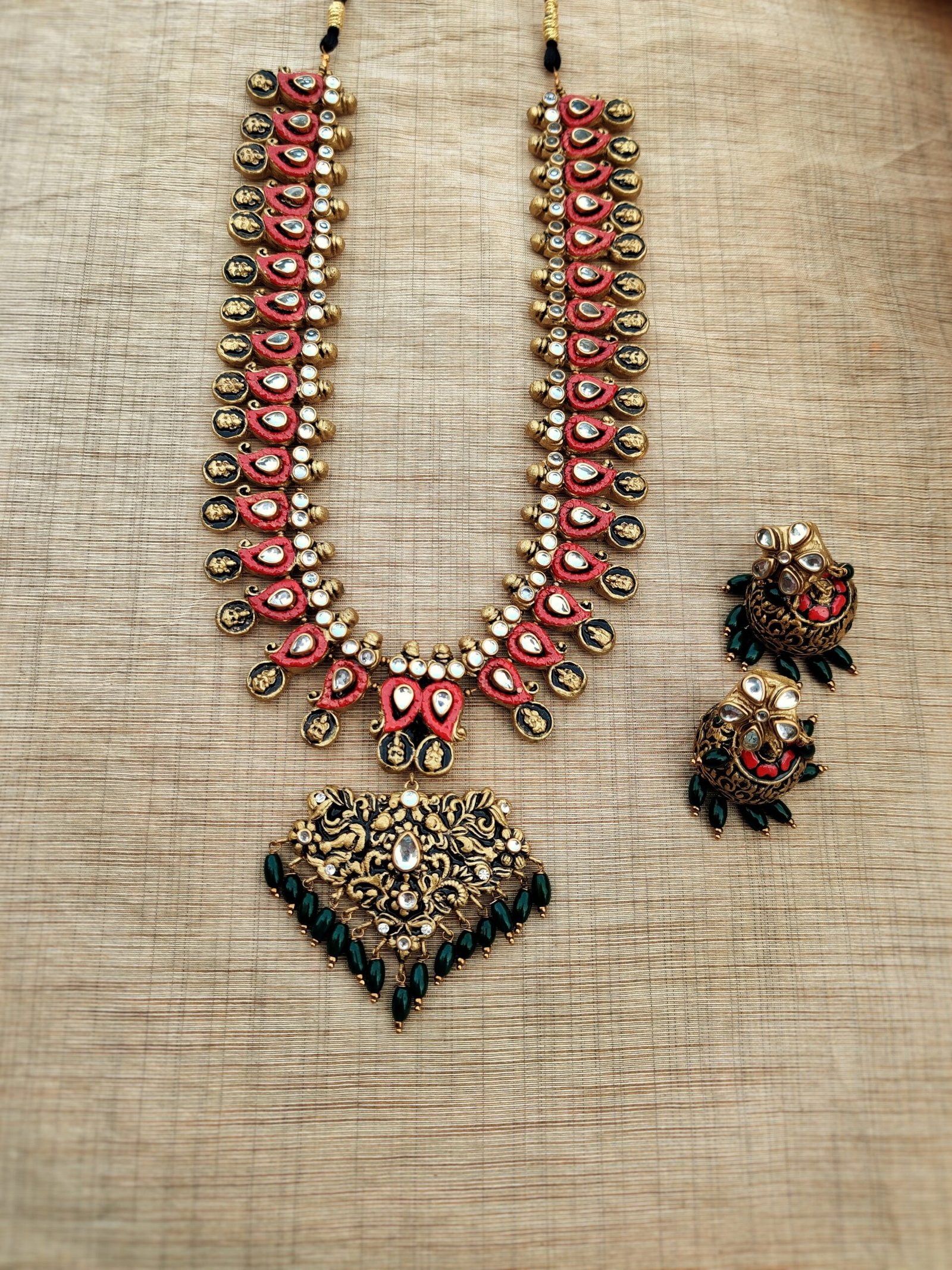 BHARGAVI- Terracotta Long Necklace with Big size Earrings ( Golden with Red and Green)