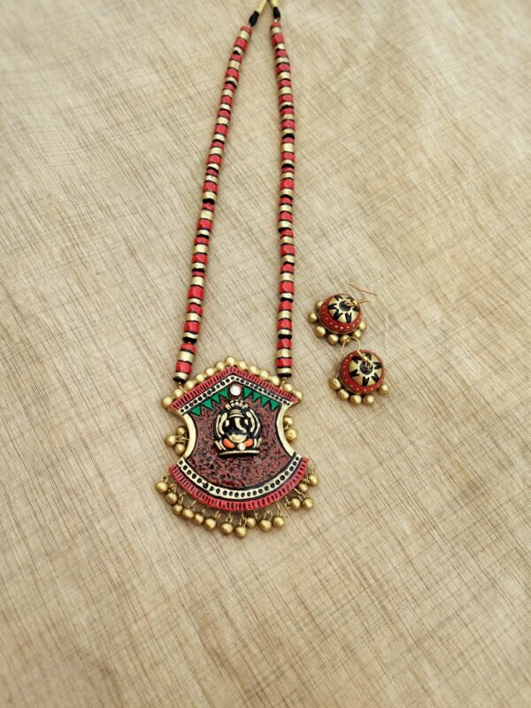 GANESHA- Terracotta Long Necklace with medium size hook  Jhumka ( Golden with Black ,Red and Green)
