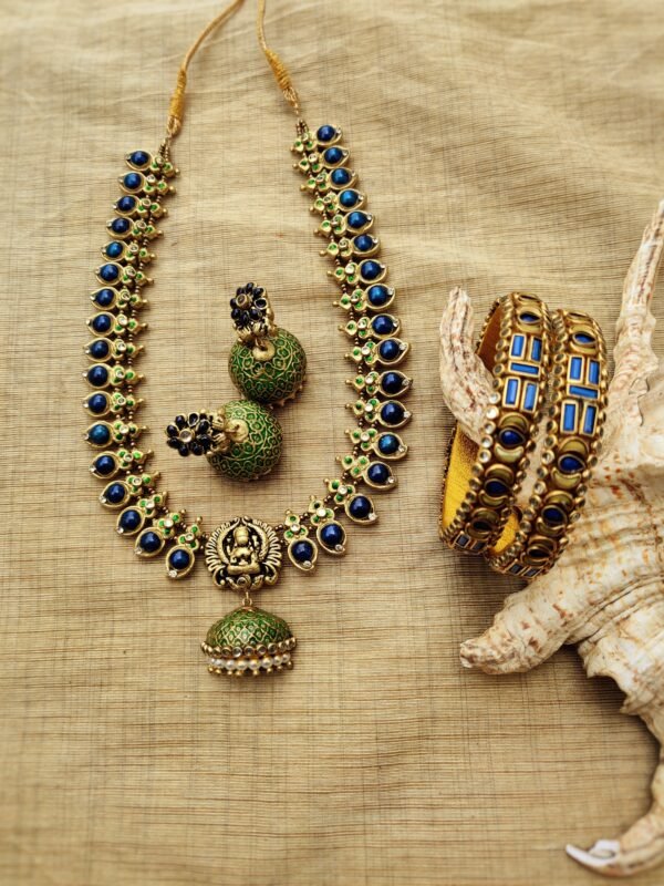 SARANGI-Terracotta- Necklace With Jhumka & Bangles (Golden With Blue and Green)
