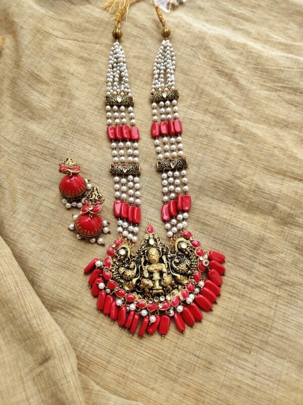 DEVI- Terracotta Long Necklace with Big size jhumka ( Golden with Red and White)