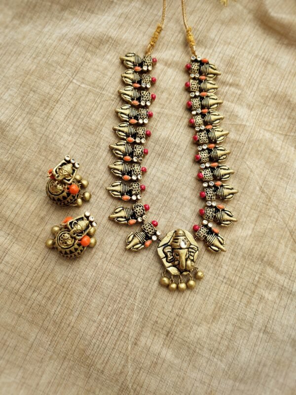 GANESHA - Terracotta Long Necklace with Medium size jhumka ( Golden with Orange and Pink)