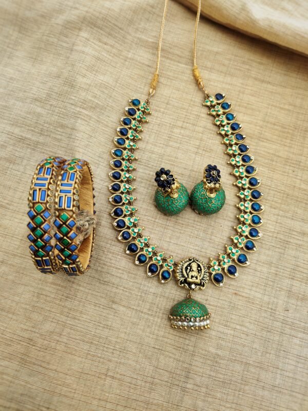 SARANGI-Terracotta- Necklace With Jhumka & Bangles (Golden With Blue and Green)