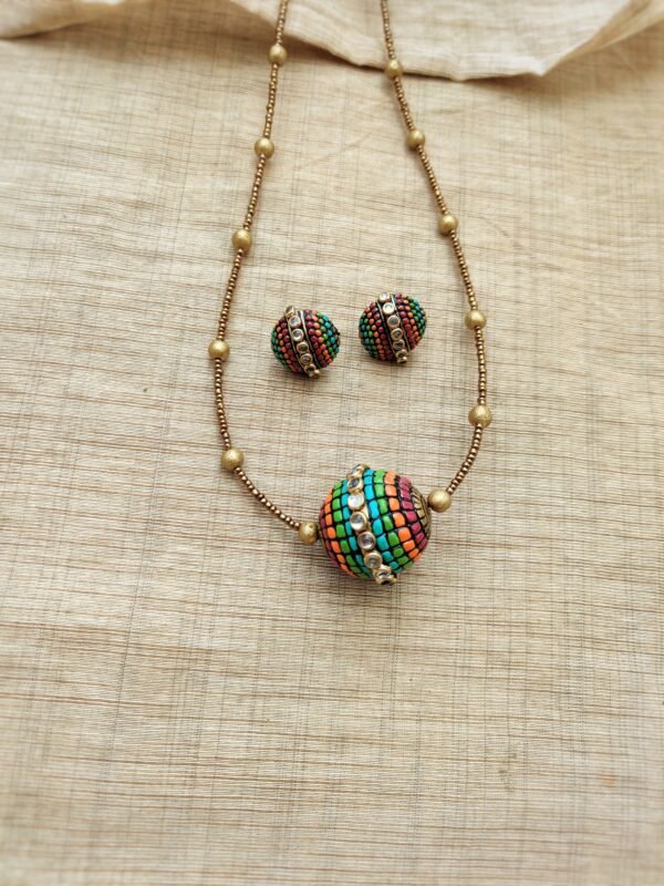 BHOOMI- Terracotta Long Necklace with Big size Stud ( Golden with Multi color)