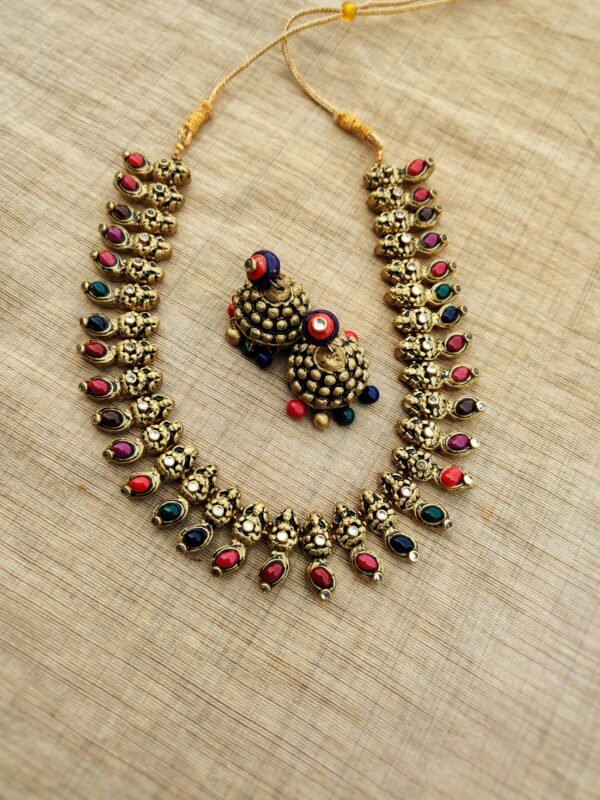 DEVIKA- Terracotta Medium Necklace with Big size jhumka ( Golden with Multi colour)
