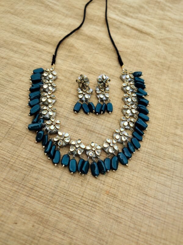 BHAGYA- Terracotta Short Necklace with Medium size Earrings ( Silver with Blue)