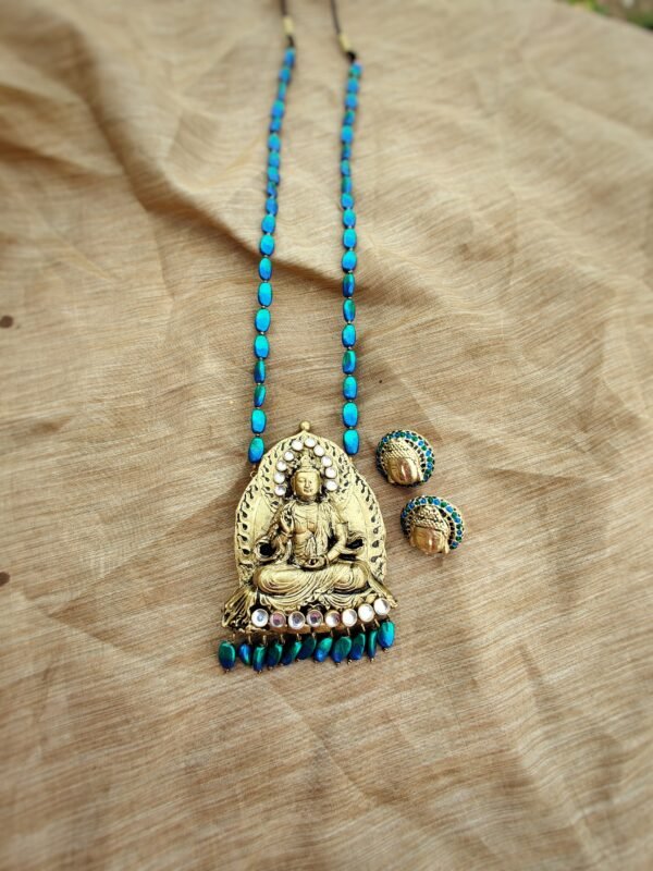 BHUDDA- Terracotta Long Necklace with Big size Earrings ( Golden with  Blue)