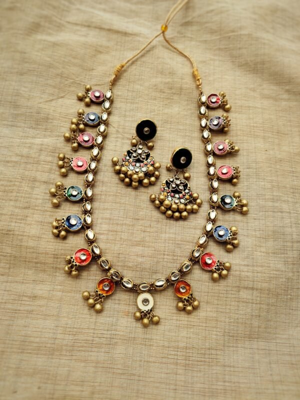 PAARNA- Terracotta Long Necklace with Big size Earrings ( Golden with Multi Colour)