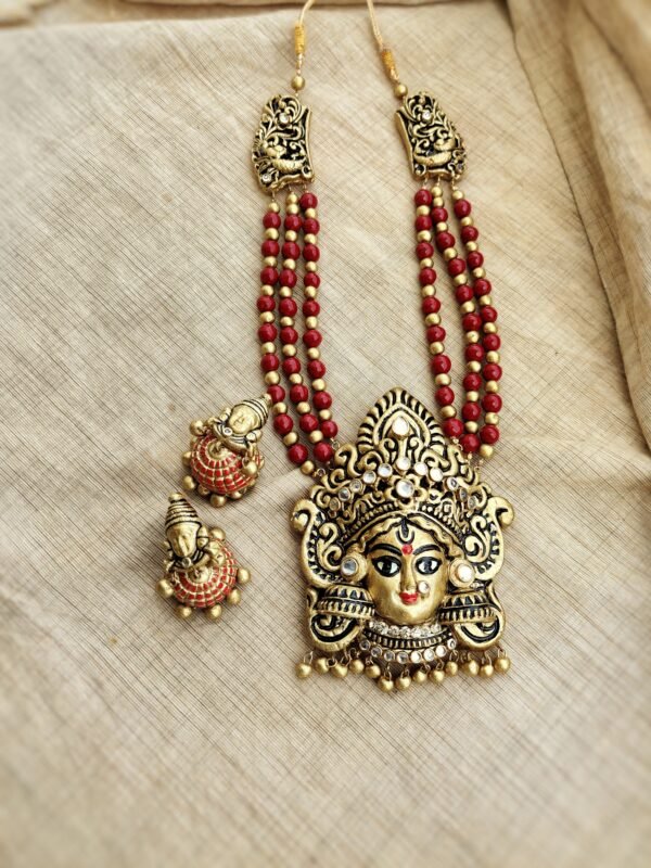AMMAN- Terracotta Long Necklace with Big size jhumka ( Golden with Maroon )