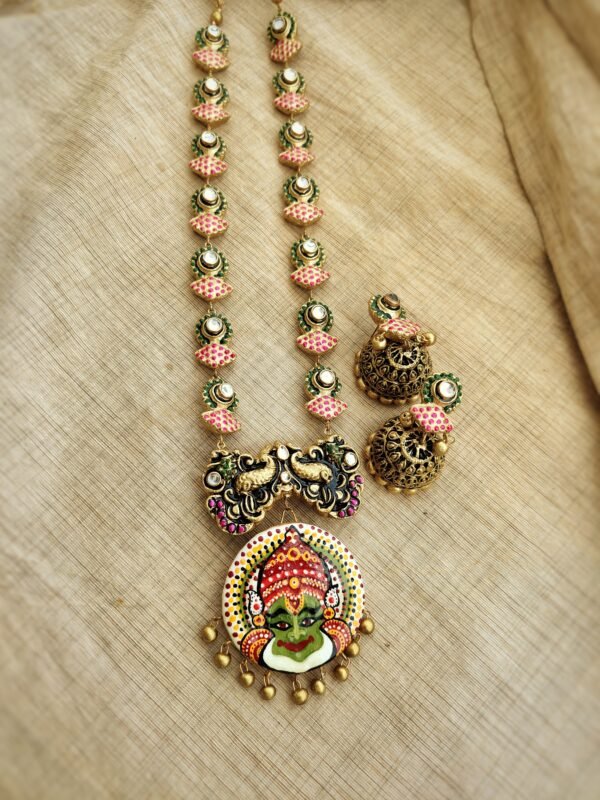 KADAKALI- Terracotta Long Necklace with Medium size jhumka ( Golden with Multi Colour )