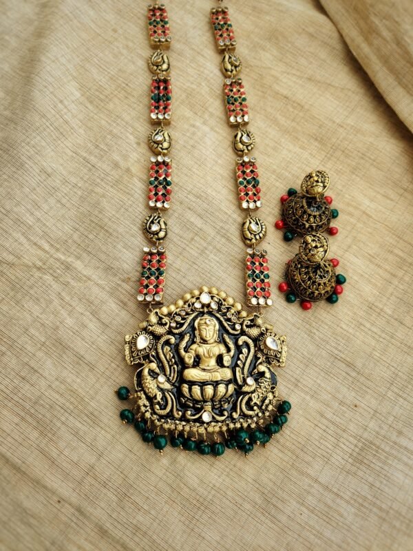 AMBIKA- Terracotta Long Necklace with Medium size jhumka ( Golden with Red and Green)