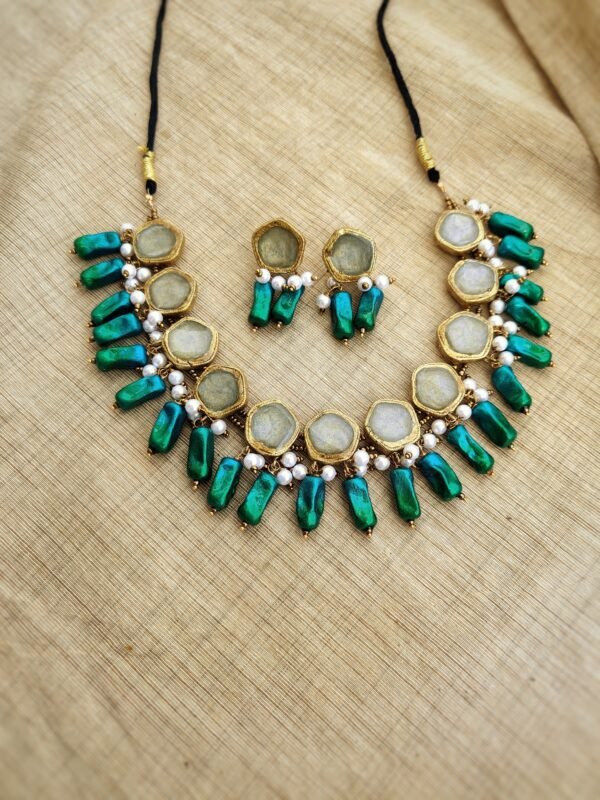 APARNA- Terracotta Short Necklace with Medium size Earrings ( Golden with Peacock Green &Blue)
