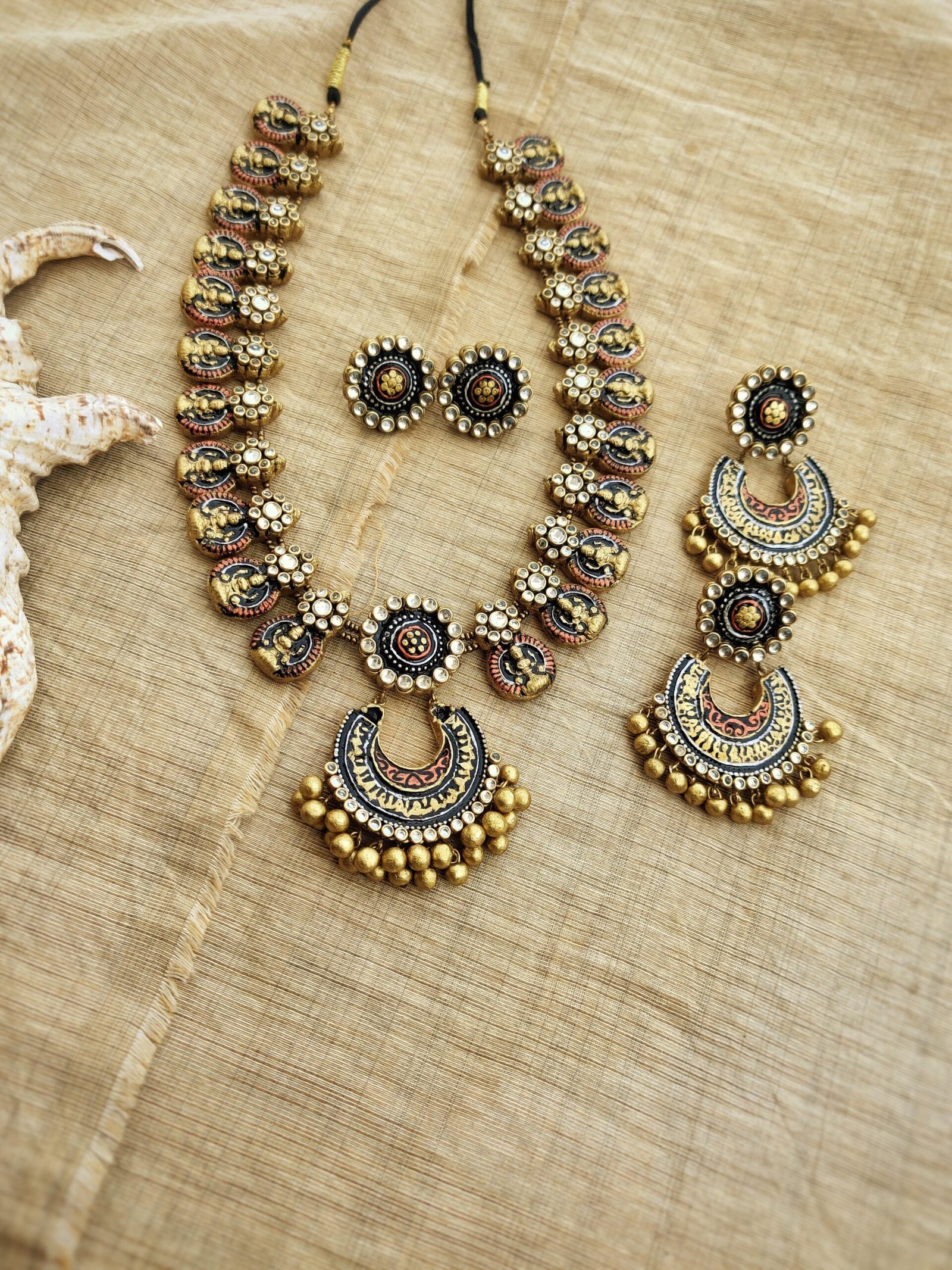 CHANDRA- Terracotta Long Necklace with Big size Earrings ( Golden with copper &Black & Red)