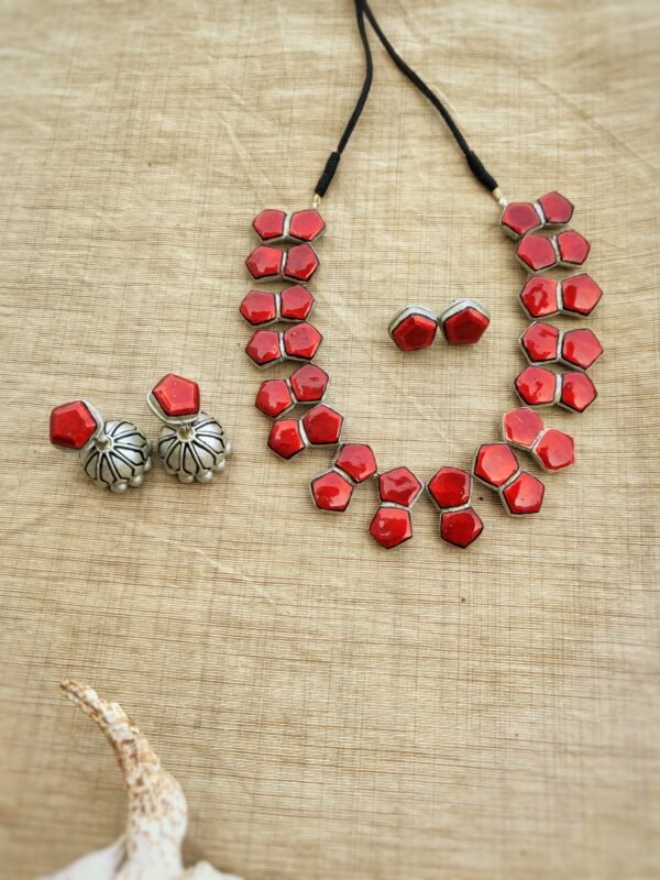 DARSANA- Terracotta Short Necklace with Medium size jhumka & Stud  ( Silver with Red )