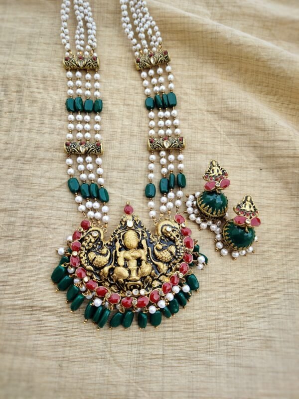DEVIKA- Terracotta Long Necklace with Medium size jhumka ( Golden with Red and Green)