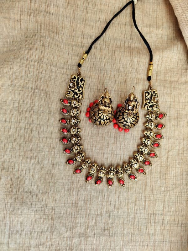 AMBIKA- Terracotta Short Necklace with Medium size jhumka ( Golden with Red)