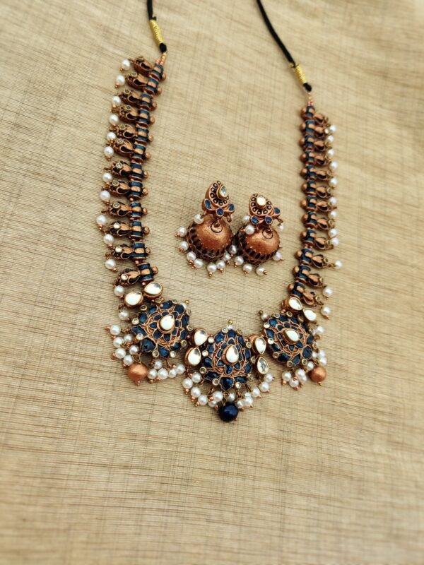 CHNADRA- Terracotta Long Necklace with Medium size jhumka ( Copper with Green)