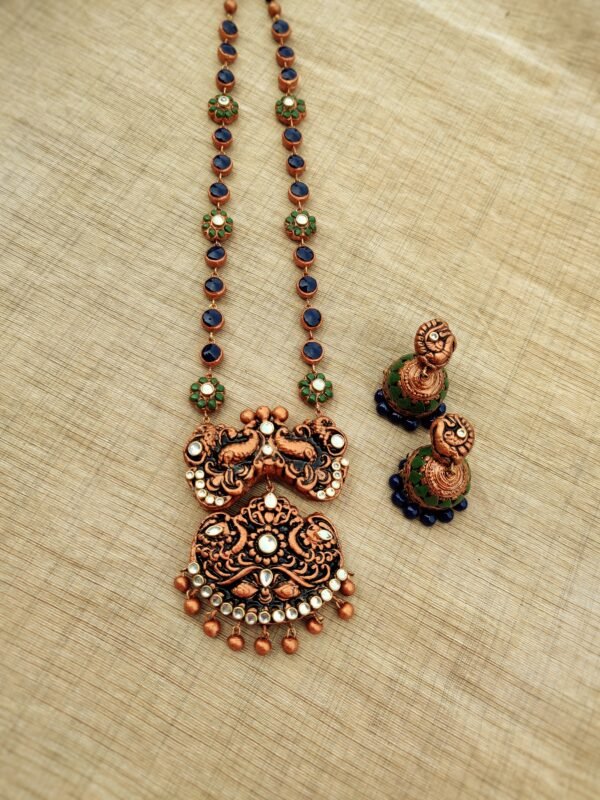 VANI- Terracotta Long Necklace with Medium size jhumka ( Copper with Green and Blue)
