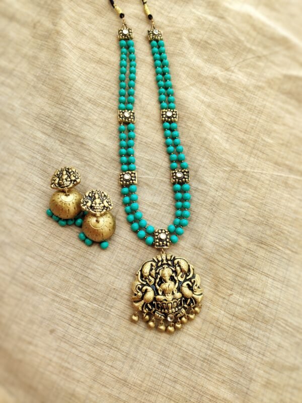 DEVI- Terracotta Long Necklace with Big size jhumka ( Golden with Teal Blue)