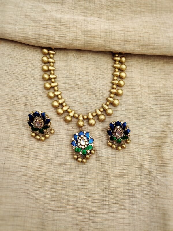PAVITHRA- Terracotta Long Necklace with Big size Earring ( Golden with Blue and Green)