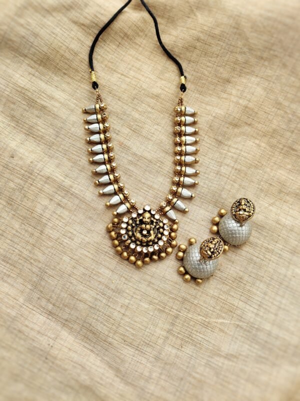 DEVI- Terracotta Medium Necklace with Big size jhumka ( Golden with Silver )