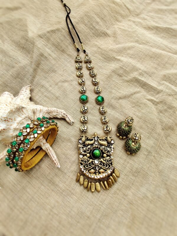 PEACOCK-Terracotta- Necklace With Jhumka & Bangles (Golden With Green)