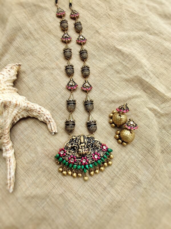 KADAMBARI- Terracotta Long Necklace with Medium size jhumka ( Golden with Pink and Green )
