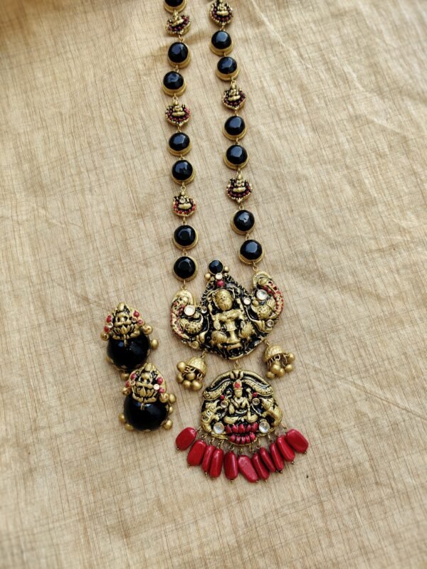 DEVIKA- Terracotta Long Necklace with Big size jhumka ( Golden with Black and Red )