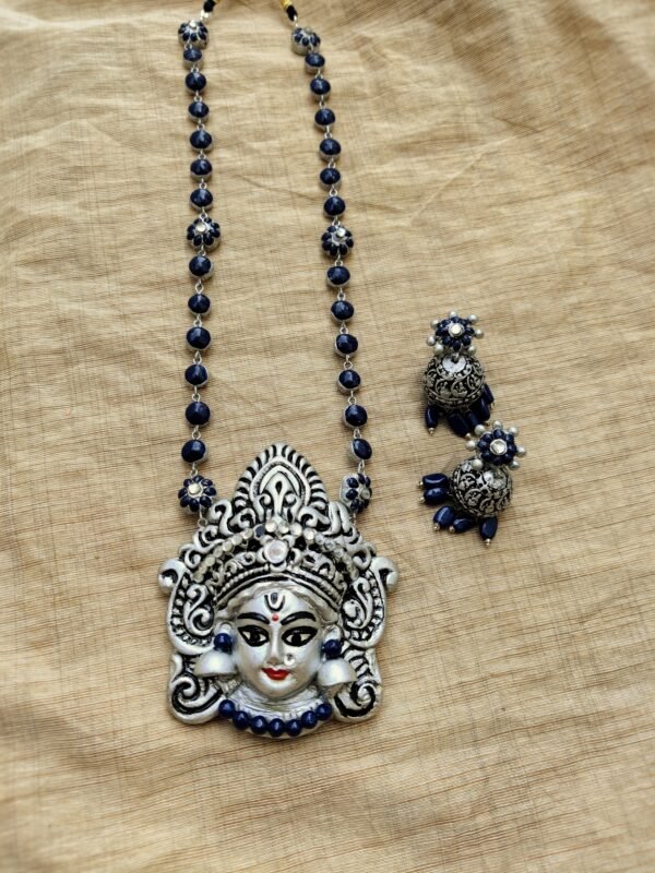 Amman - Terracotta Long Necklace with Medium size jhumka ( Silver with Blue )