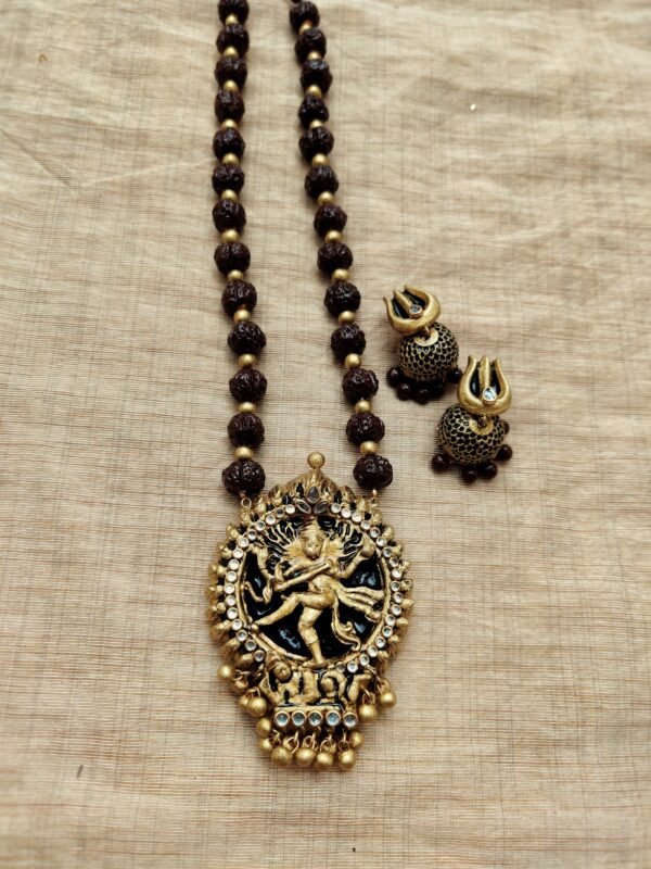 Nadaraja - Terracotta Long Necklace with Big size jhumka ( Golden with Brown)