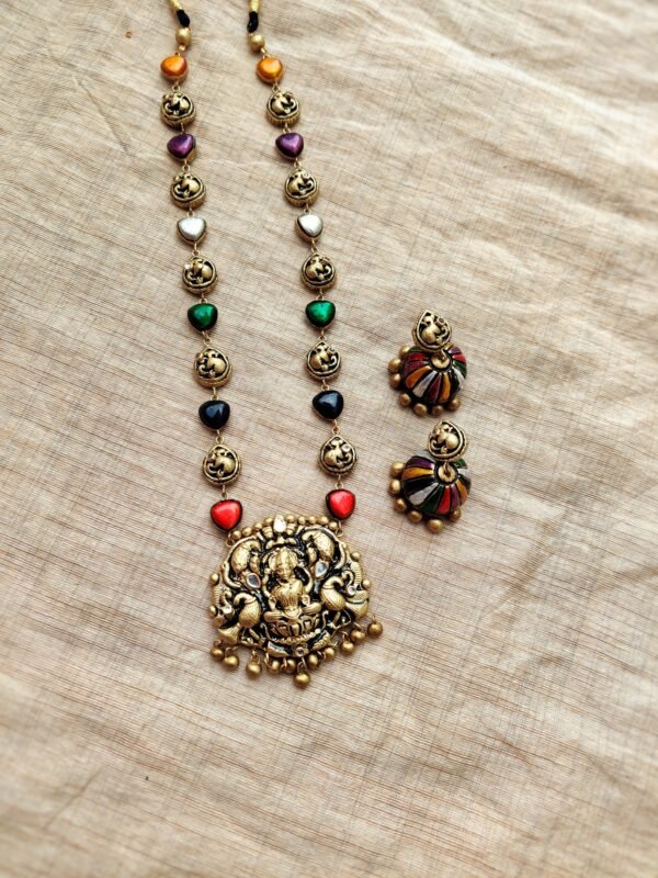 DEVIKA- Terracotta Long Necklace with Big size jhumka ( Golden with Multi color) - Image 2