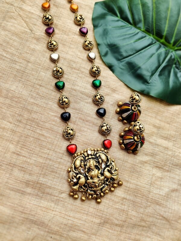 DEVIKA- Terracotta Long Necklace with Big size jhumka ( Golden with Multi color)