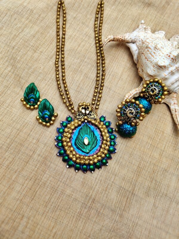 PEACOCK- Terracotta Long Necklace with Big size jhumka and Earrings  ( Golden with Peacock Blue and Green)
