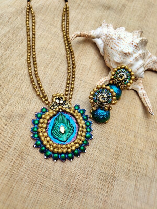 PEACOCK - Terracotta Long Necklace with Big size jhumka ( Golden with Peacock Blue and Green)